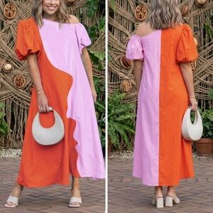 CROSBY by Mollie Burch Lovett Colorblock Asymmetrical Linen Maxi Dress small NWT